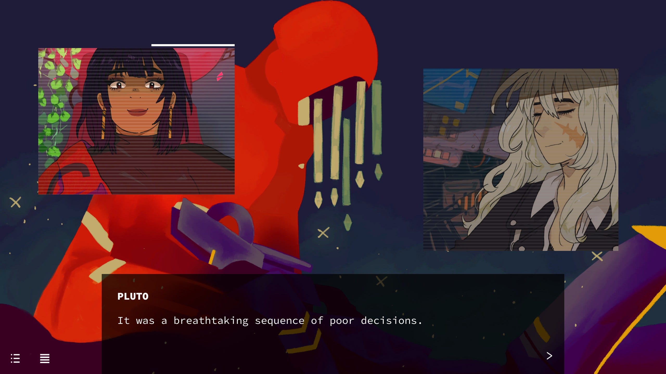 screencap from the game heaven will be mine. two mech pilots talking while their vehicles hold each other with whatever amount of tenderness a giant robot is capable of. text on screen: it was a breathtaking sequence of poor decisions