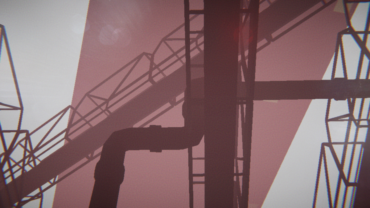 screencap from the game umurangi generation depicting pipes and support structures above a neighborhood