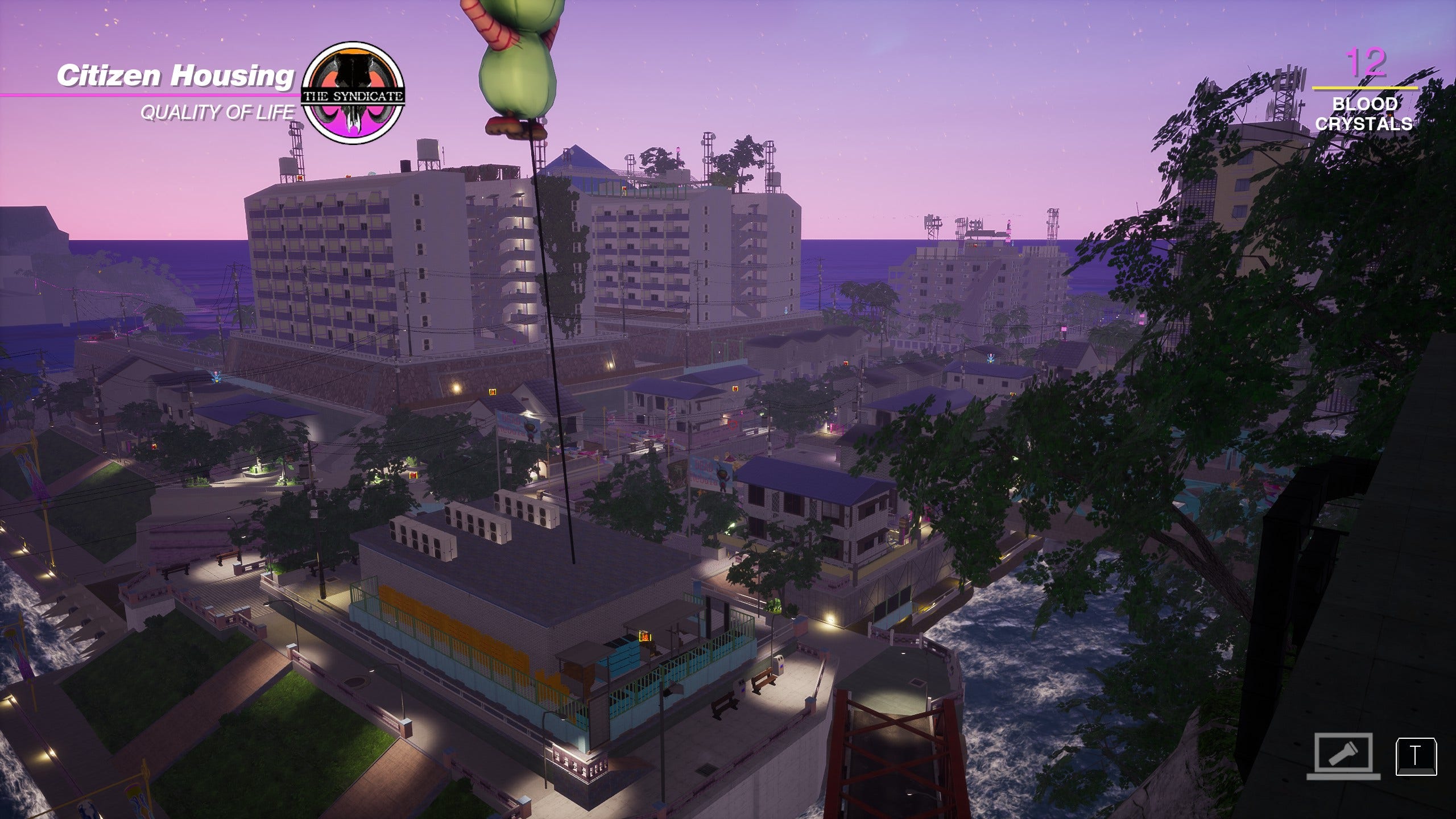 screencap from paradise killer. on a cliff overlooking a residential district at dusk