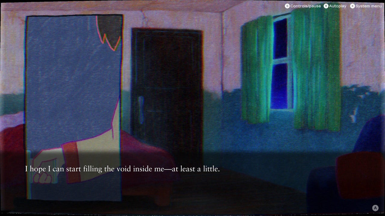 screencap of ghostpia season one (switch version). background of a small apartment room and a comic panel of a person holding a doorknob