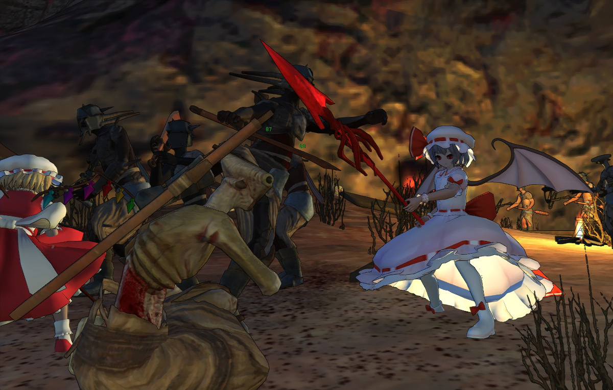 i messed with mods for a truly unconscionable amount of time to get this screencap of remilia and flandre scarlet beating up some bandits in kenshi