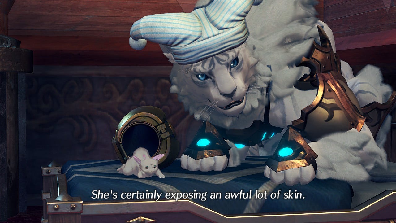 screencap from xenoblade chronicles 2. a large magic tiger in a nightcap says to a tiny dragon, she's certainly exposing an awful lot of skin.