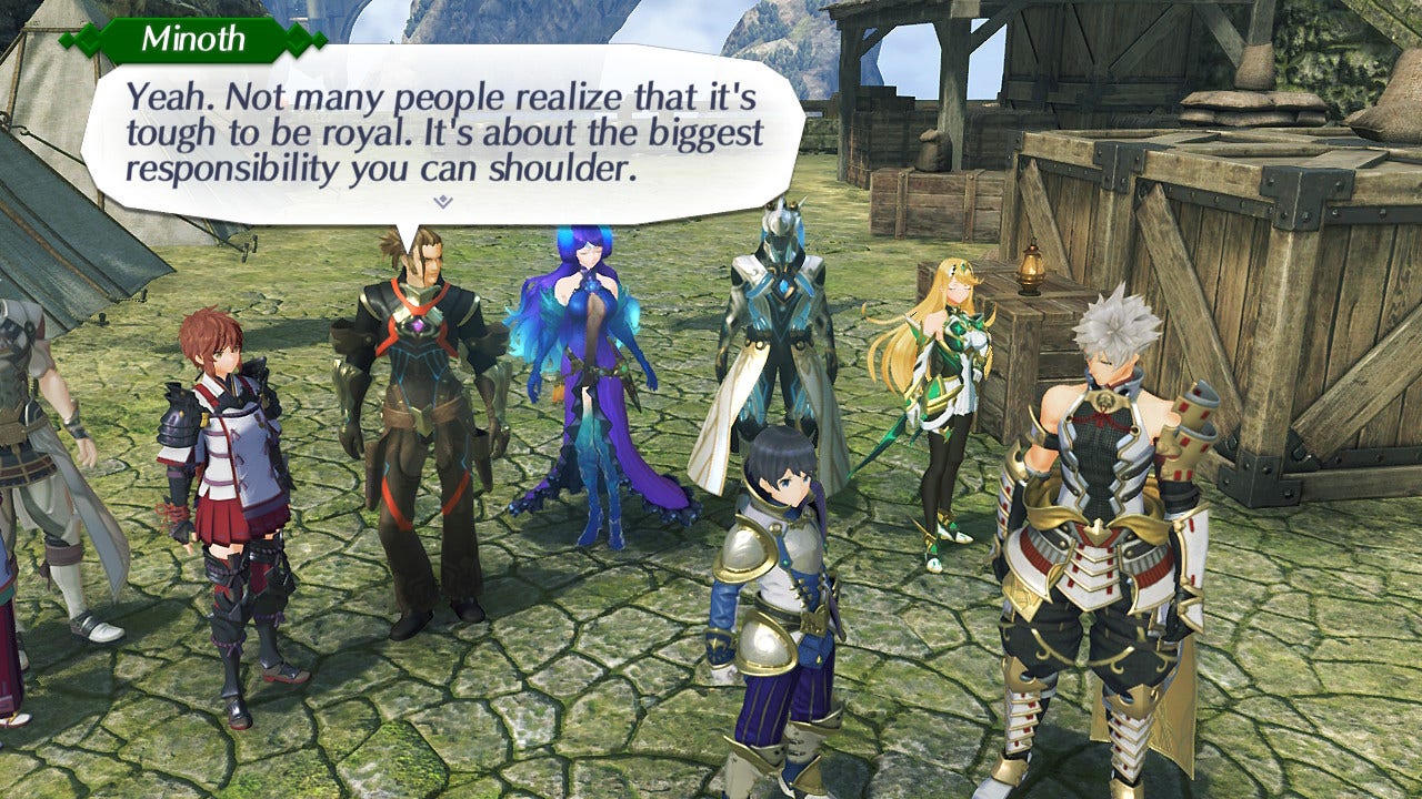 screencap from torna - the golden country. baby minoth is spouting some nonsense about how it's so hard to be rich and powerful. mythra is taking a nap, much as i do whenever a character says some shit like this.