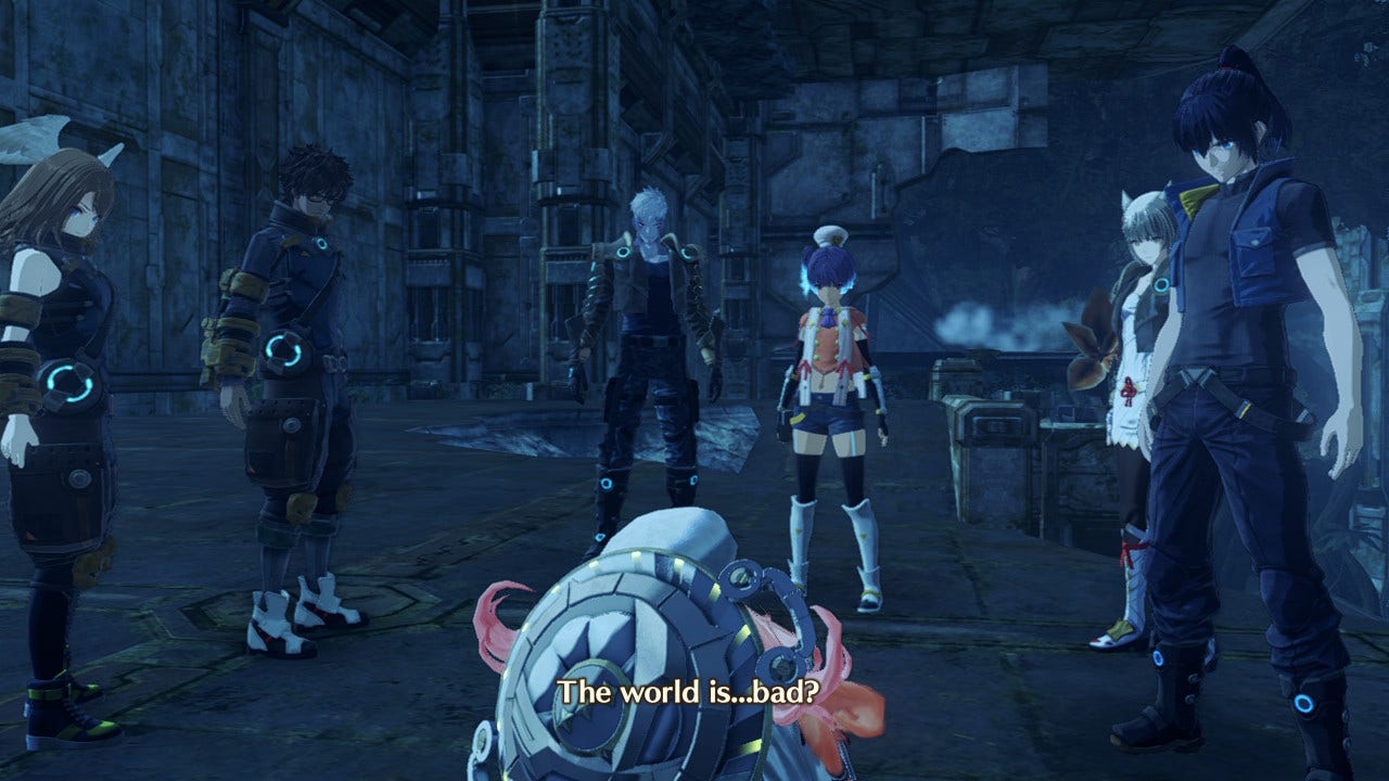 screencap from xenoblade chronicles 3. the heroes stand around wearing various goofy costumes while manana the nopon chef observes that the world is ... bad?