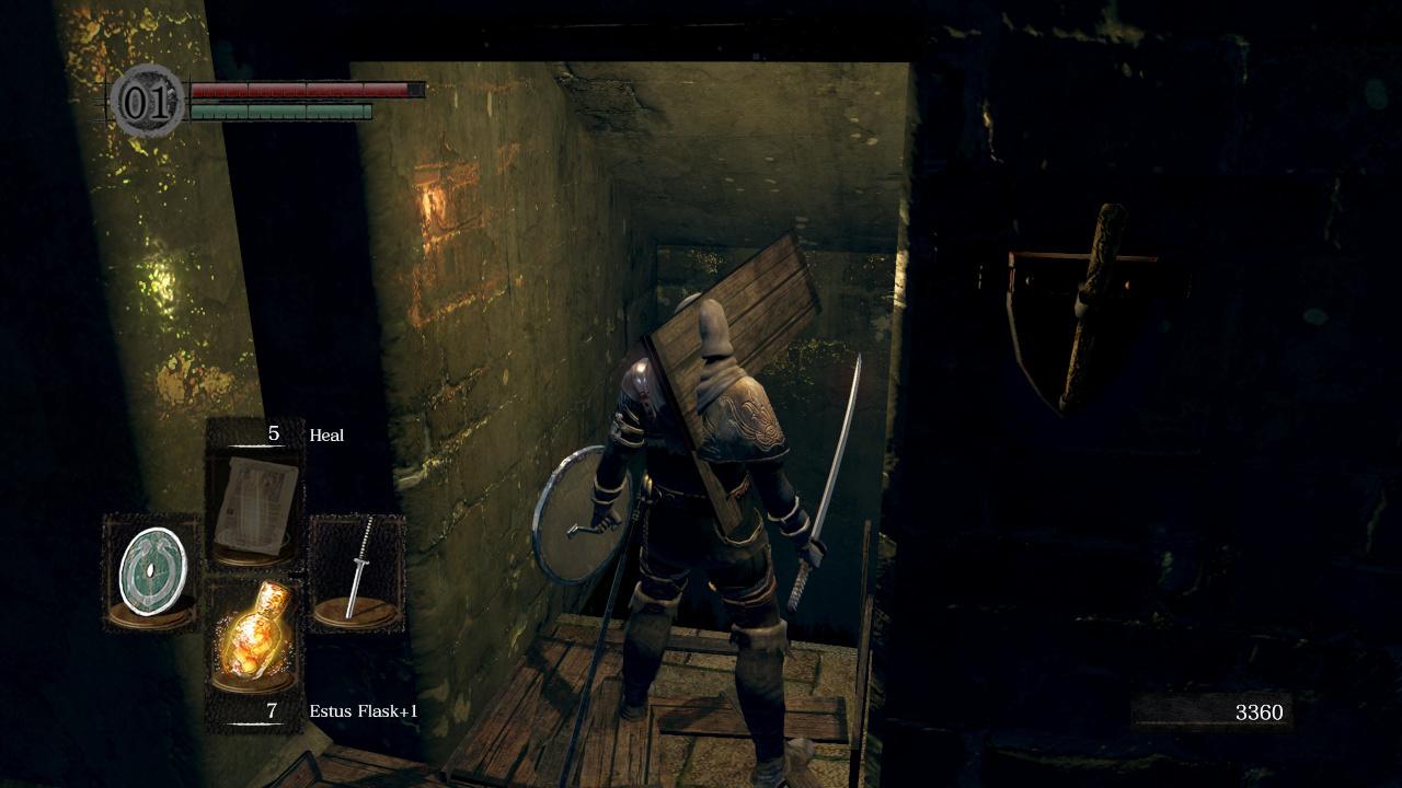 my dark souls character with a piece of lumber fully lodged in his head and body