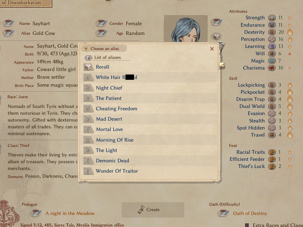 the elin character creation menu. we're all in middle school again